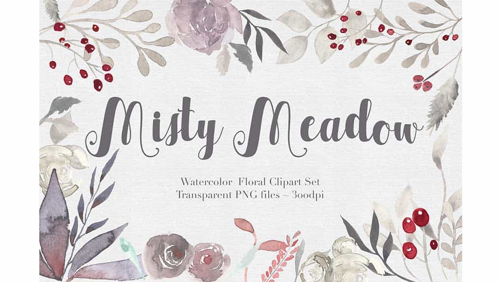 دانلود کلیپ آرت آبرنگی گل و بوته Misty Meadow Floral Clipart Set