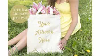 دانلود موکاپ ساک دستی Tote Bag mockup – Yellow Dress