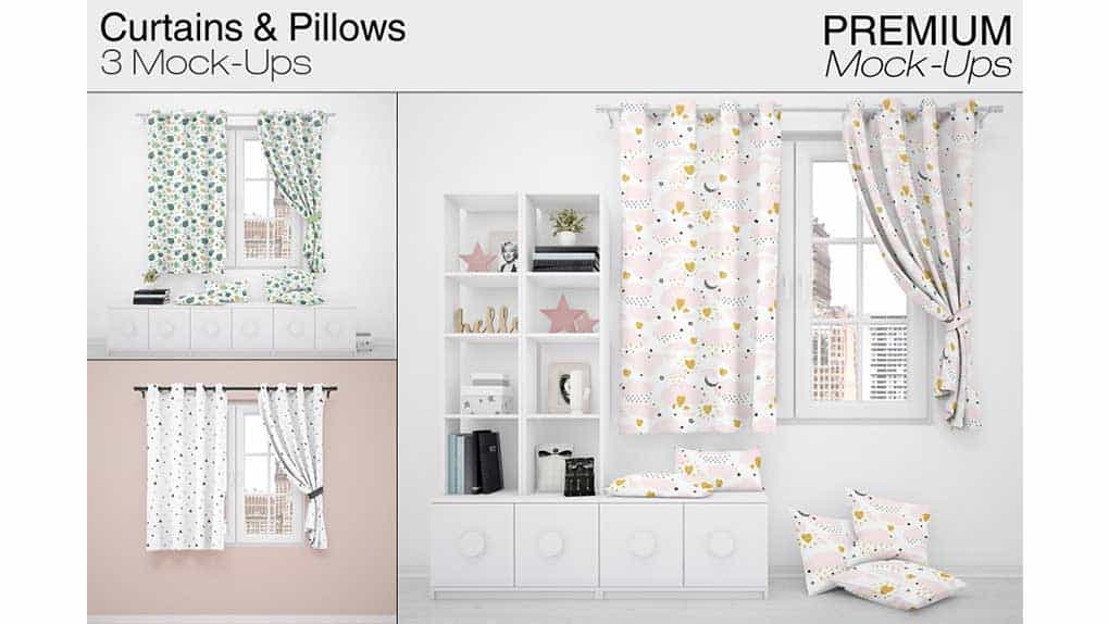 دانلود موکاپ ست پرده و بالشت Curtains & Pillows Set
