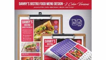 دانلود فایل لایه باز منوی غذا Dannys Bistro Food Menu Design A4 & US Letter