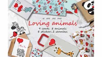 دانلود وکتور حیوانات فانتزی Loving Animals set