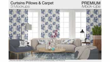 دانلود موکاپ ست پرده و فرش Pillows Curtains & Carpet Set