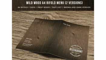 دانلود فایل لایه باز دو لت منو غذا با بافت چوب Wild Wood A4 Bifold Menu – 2 Versions
