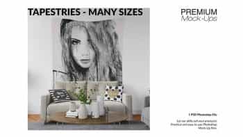 دانلود موکاپ پرده طرح دار Tapestry in Living Room – Many Sizes