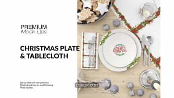 دانلود موکاپ بشقاب و رومیزی Christmas Plates &Tablecloth Set