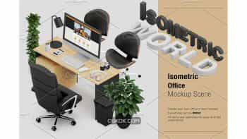 دانلود جعبه ابزار ساخت موکاپ ایزومتریک دفتر کار Isometric Office Scene Mock-up