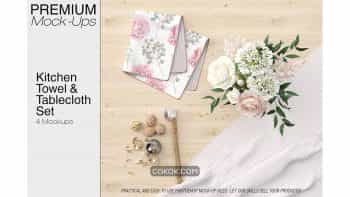 دانلود موکاپ حوله و رومیزی آشپزخانه Kitchen Towel & Tablecloth Set