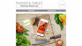 دانلود موکاپ آیفون و تخته آشپزخانه Phone6 and Tablet Kitchen Mock Up