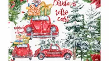 دانلود کلیپ آرت آبرنگی ماشین کریسمس Watercolor Christmas Cars Clipart