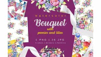 دانلود کلیپ آرت گل Bouquet With Peonies And Lilies