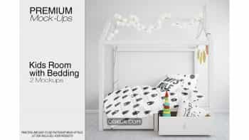 دانلود موکاپ ست تخت خواب کودک Kids Room And Bedding Set