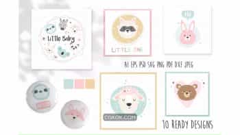 دانلود طرح وکتور حیوانات Set of Ready Designs with Cute Baby Animals