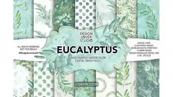 دانلود بک گراند کاغذ دیجیتال اکالیپتوس Watercolor Eucalyptus digital paper pack