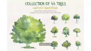 دانلود کلیپ آرت درخت آبرنگی Collection of 44 Watercolor Trees