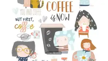 دانلود وکتور دختران جوان در حال نوشیدن قهوه Cute young girls drinking coffee. Vector set