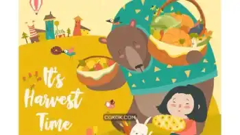 دانلود وکتور خرس و دختر بامزه Funny bear with cute girl harvesting. Hello autumn