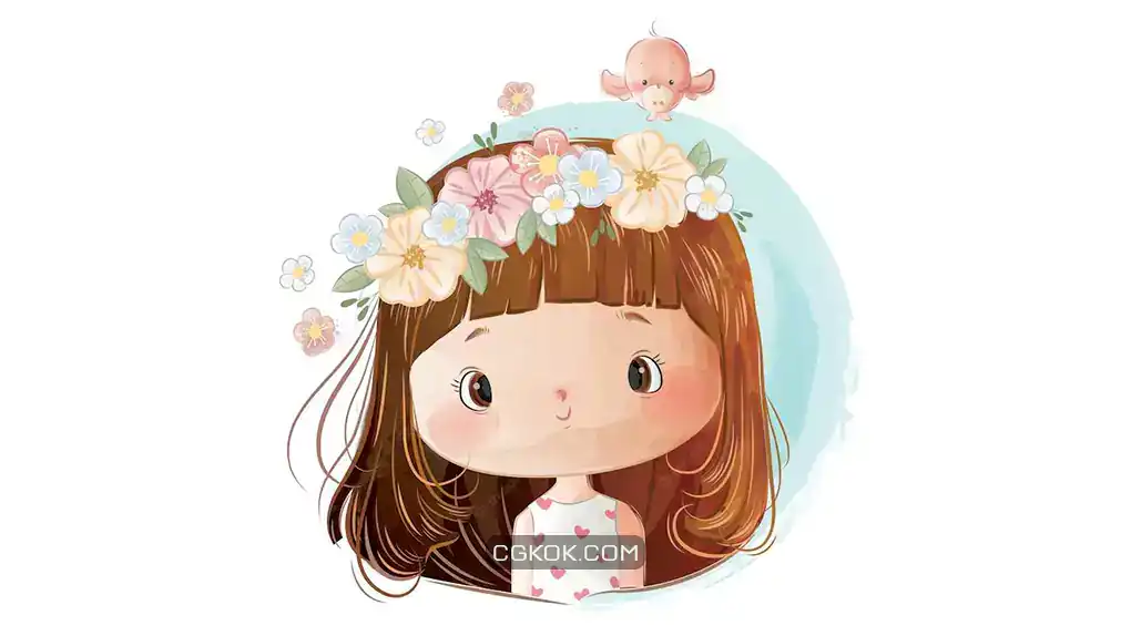 دانلود طرح وکتور دختر بچه با تاج گل Little girl wearing flower wreath on her head