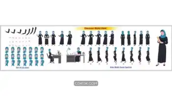 دانلود وکتور دانش آموز دختر عرب Arab girl student character design model sheet with walk cycle animation