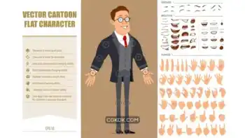 دانلود وکتور کاراکتر مرد تاجر Cartoon flat funny strong business man character in black coat and tie