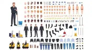 دانلود وکتور کارگر خدمات نظافتی Cleaning service worker creation set or constructor