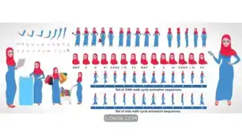 دانلود وکتور کاراکتر دختر مسلمان Islamic girl character design, animation poses character set