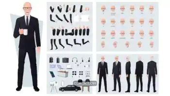 دانلود وکتور کاراکتر پیرمرد تاجر Old Businessman In Black Suit Character Creation Set
