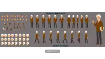 دانلود وکتور پروفسور Professor character model sheet with walk cycle animation sequence