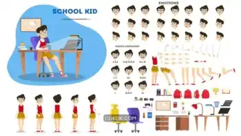 دانلود وکتور دانش آموز پسر School boy character set for the animation