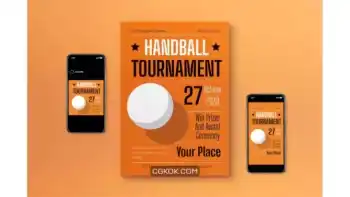 دانلود طرح لایه باز تراکت مینیمال مسابقات هندبال Orange Minimalist Handball Tournament Flyer Set