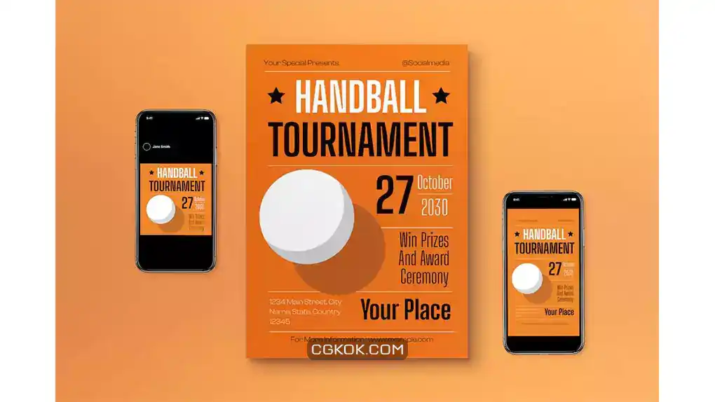 دانلود طرح لایه باز تراکت مینیمال مسابقات هندبال Orange Minimalist Handball Tournament Flyer Set