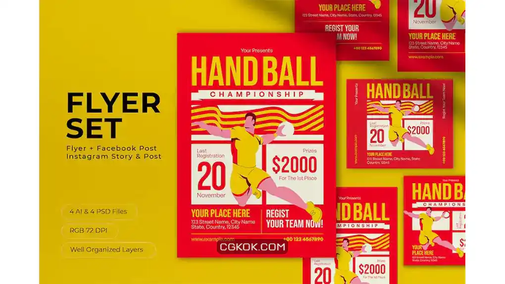 دانلود طرح لایه باز تراکت هندبال Red Simple Hand Ball Flyer Set