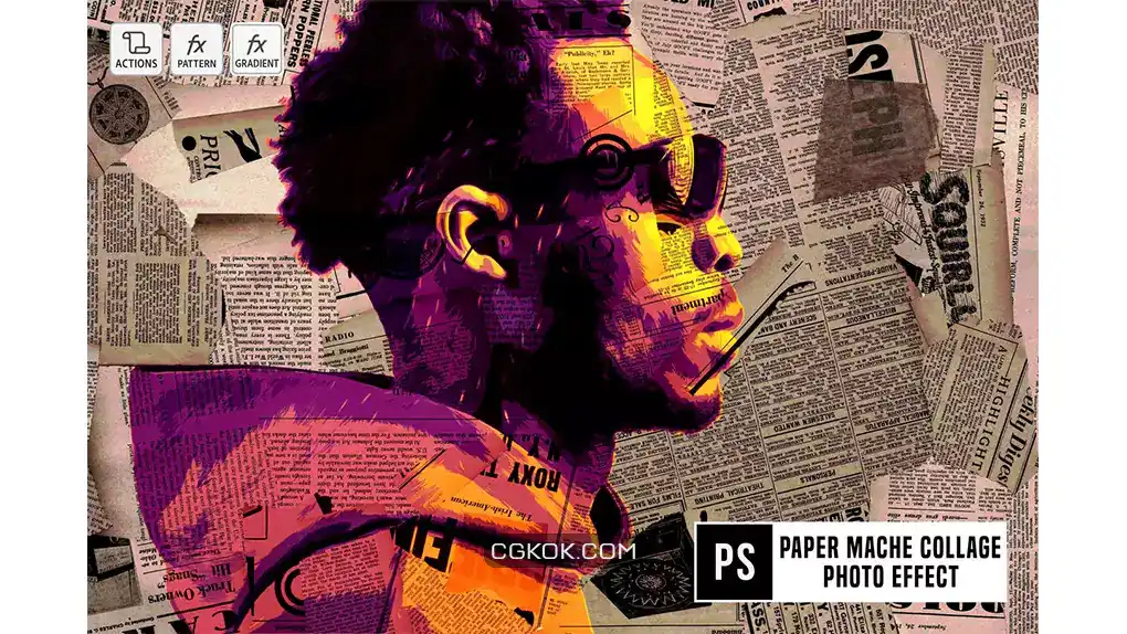 دانلود اکشن فتوشاپ تبدیل عکس به طرح کلاژ کاغذی Paper Mache Collage Photo Effect