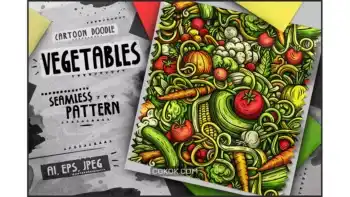 دانلود پترن سبزیجات کارتونی Vegetables Doodle Cartoon Seamless Pattern