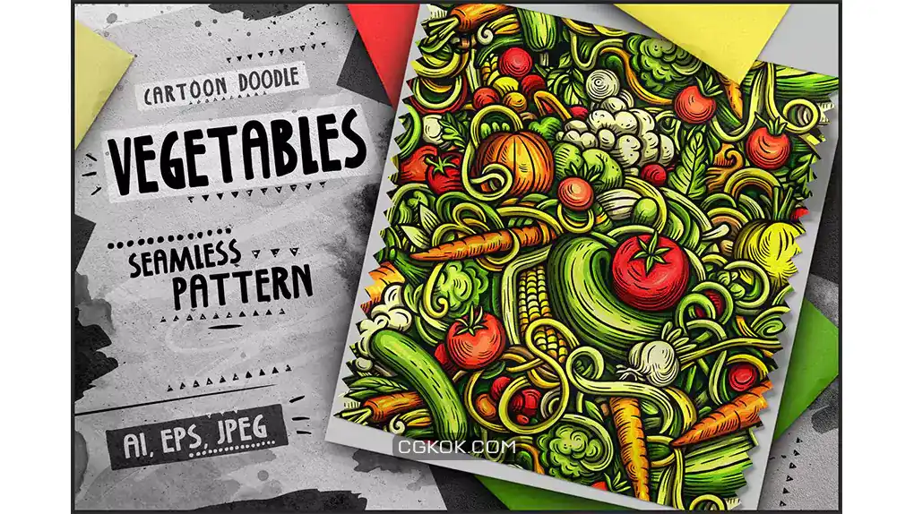 دانلود پترن سبزیجات کارتونی Vegetables Doodle Cartoon Seamless Pattern