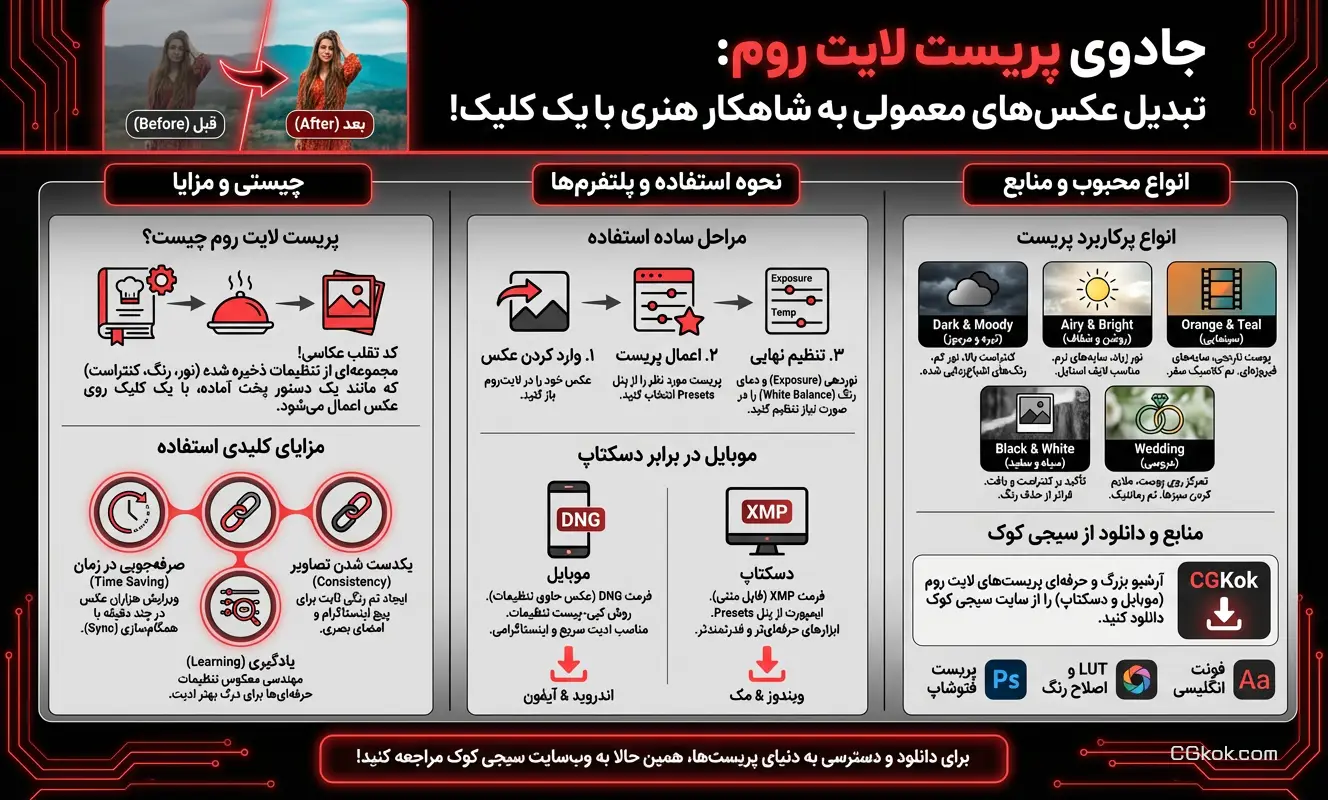 اینفوگرافیک راهنمای دانلود پریست لایت روم موبایل و دسکتاپ در سیجی کوک